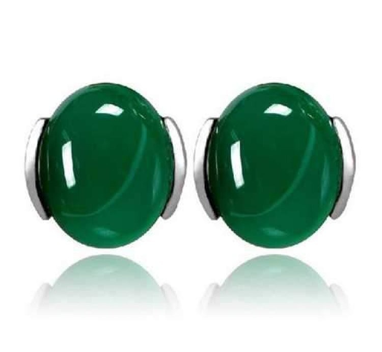 Silver Plated Lady Round Green Agate Earrings Elegant Gemstone Ear Stud Chinese Style for Women