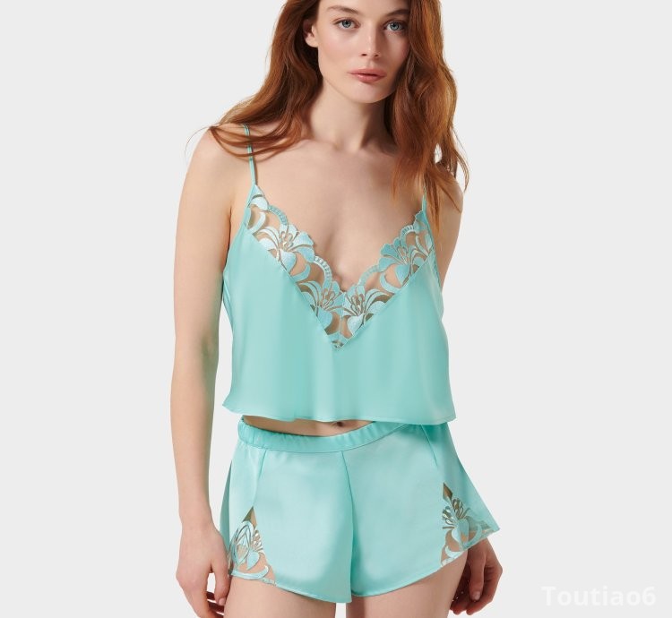 Leonora Luxury Satin Cami and Short Set Island Paradise Blue/Sheer