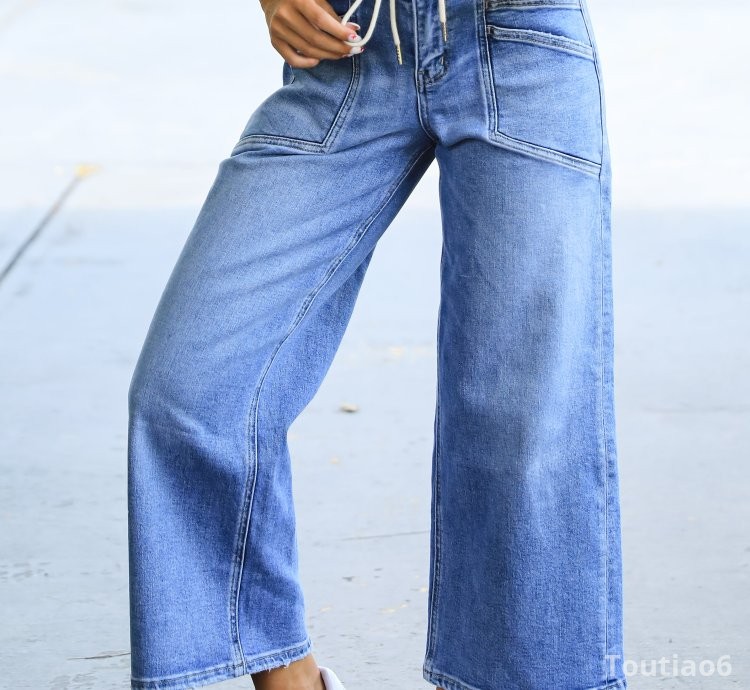 Sutton Medium Wash High-Rise Drawstring Wide Leg Jeans