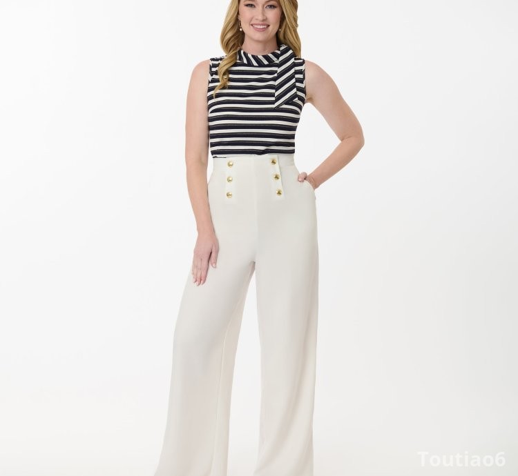 Smak Parlour White & Gold Button Wide Leg Sailor Pants