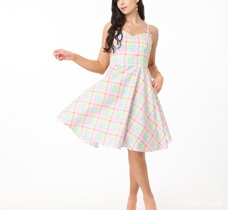 Hell Bunny Rainbow Gingham Cotton Swing Dress