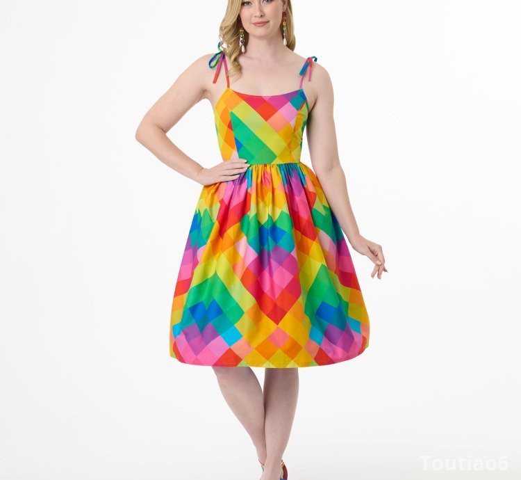 Unique Vintage 1950s Rainbow Chevron Cotton Bobbie Swing Dress