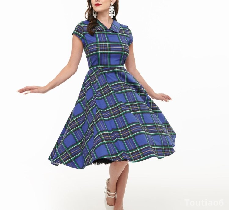 Orchid Bloom 1950s Blue Plaid Swing Dress
