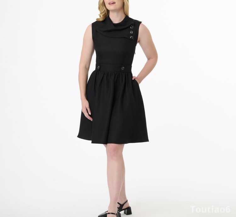 Smak Parlour Black Tweed Funnel Neck Fit & Flare Dress