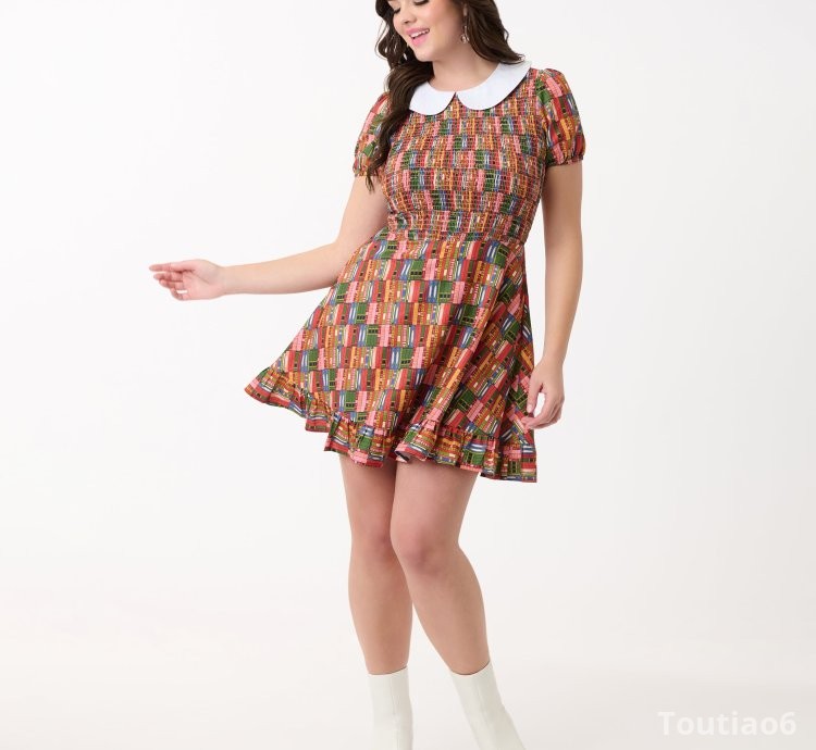 Smak Parlour Library Shelves Print Smocked Fit & Flare Dress