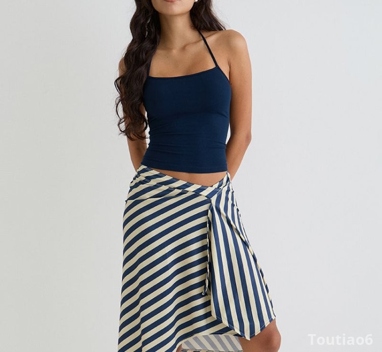 Esmeray Midi Skirt in Cream and Navy Diagonal Stripe
