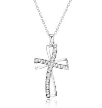 925 Sterling Silver Plated Women Cross Necklace Crystal Chain Jewelry