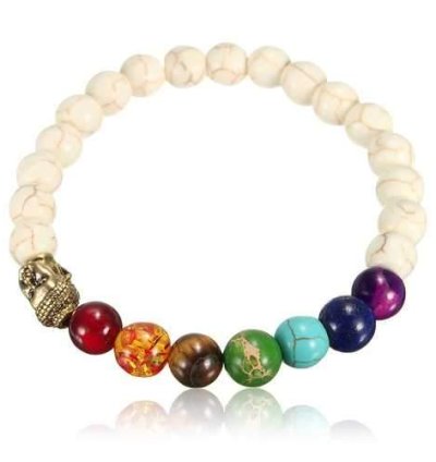 Unisex White Stone Agate Colorful Beads Prayer Elastic Bracelet