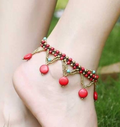 Vintage Turquoise Beads Braided Rope Copper Bell Anklet