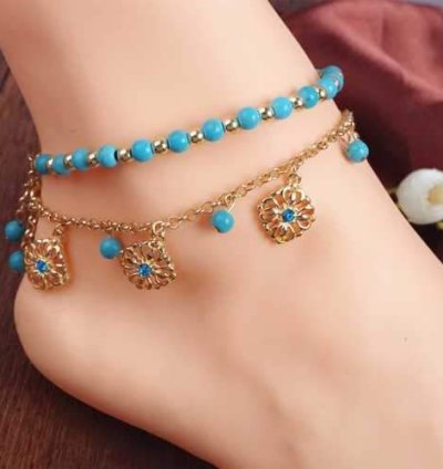 Turquoise Beads Alloy Chain Tassel Crystal Anklets Jewelry