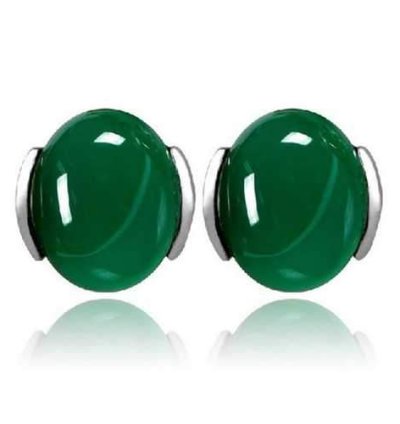 Silver Plated Lady Round Green Agate Earrings Elegant Gemstone Ear Stud Chinese Style for Women