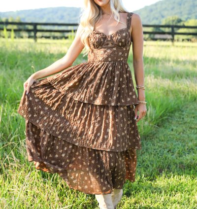 Dance The Night Away Brown Floral Tiered Midi Dress