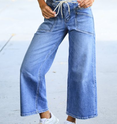 Sutton Medium Wash High-Rise Drawstring Wide Leg Jeans