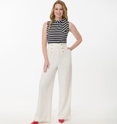 Smak Parlour White & Gold Button Wide Leg Sailor Pants