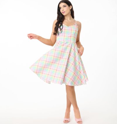 Hell Bunny Rainbow Gingham Cotton Swing Dress