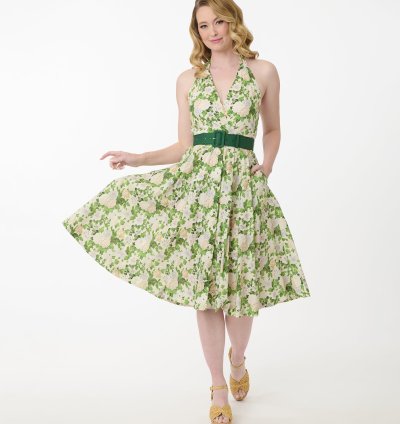 Unique Vintage White & Green Floral Tarrytown Hostess Dress