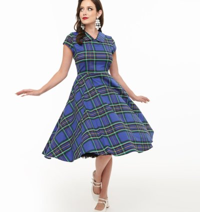 Orchid Bloom 1950s Blue Plaid Swing Dress