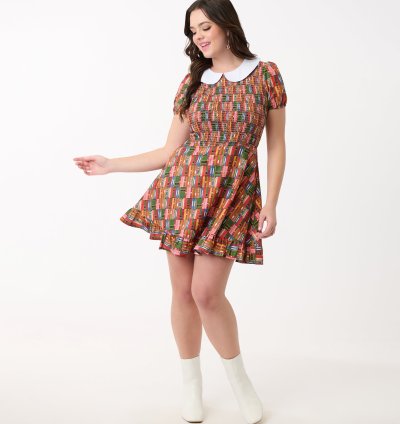 Smak Parlour Library Shelves Print Smocked Fit & Flare Dress