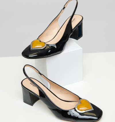 Unique Vintage Black & Orange Heart Leatherette Slingback Heels