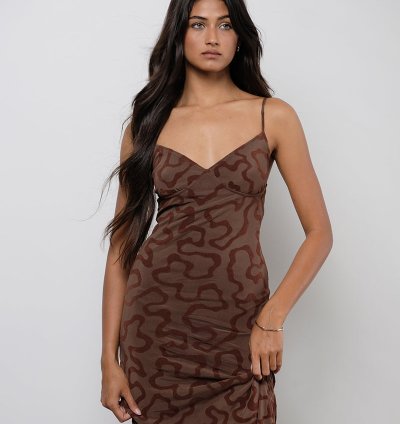 Kalana Maxi Dress in Brown Swirl Flock