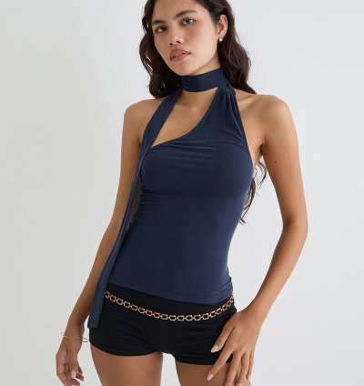 Aspyn High Neck Tie Top in Cupro Navy