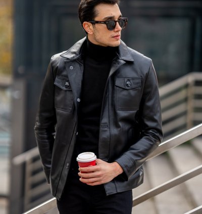 Bojoni Omaha Slim Fit Black Leather Jacket