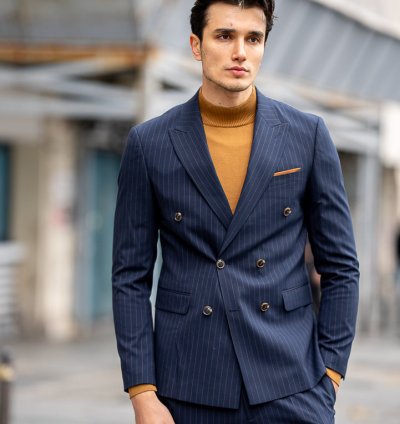 Bojoni Omaha Navy Blue  Double Breasted Slim Fit Suit