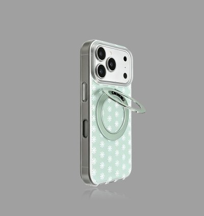Light Green Floral MagSafe iPhone Case with 360° Rotating Stand